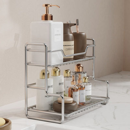 304 Stainless Steel Two Layers Tabletop Storage Rack Kitchen Spice Rack Bathroom Cosmetics Mouthwash Cup Organizer Shelf-Silver Kemu |Fashion Home Kitchen Beauty