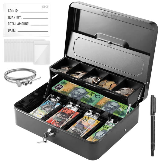 Portable Heavy-Duty Metal Cash Box with Key Lock & Security Cable Lock Suitable for Small Business - Kemu |Fashion Home Kitchen Beauty