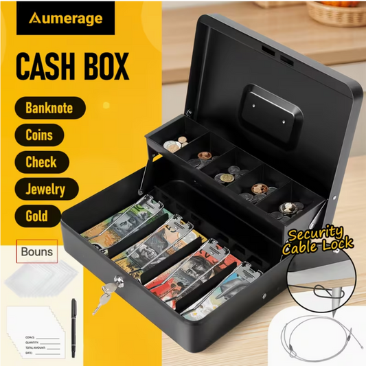 Portable Heavy-Duty Metal Cash Box with Key Lock & Security Cable Lock Suitable for Small Business Kemu |Fashion Home Kitchen Beauty