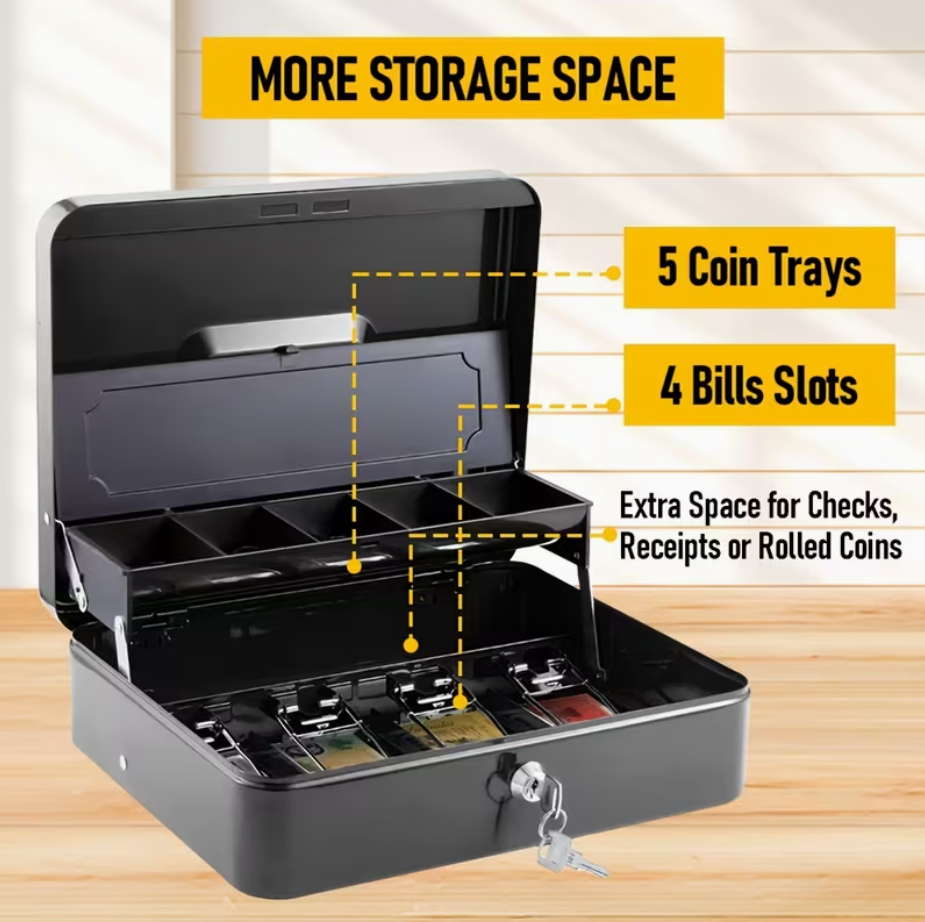 Portable Heavy-Duty Metal Cash Box with Key Lock & Security Cable Lock Suitable for Small Business Kemu |Fashion Home Kitchen Beauty