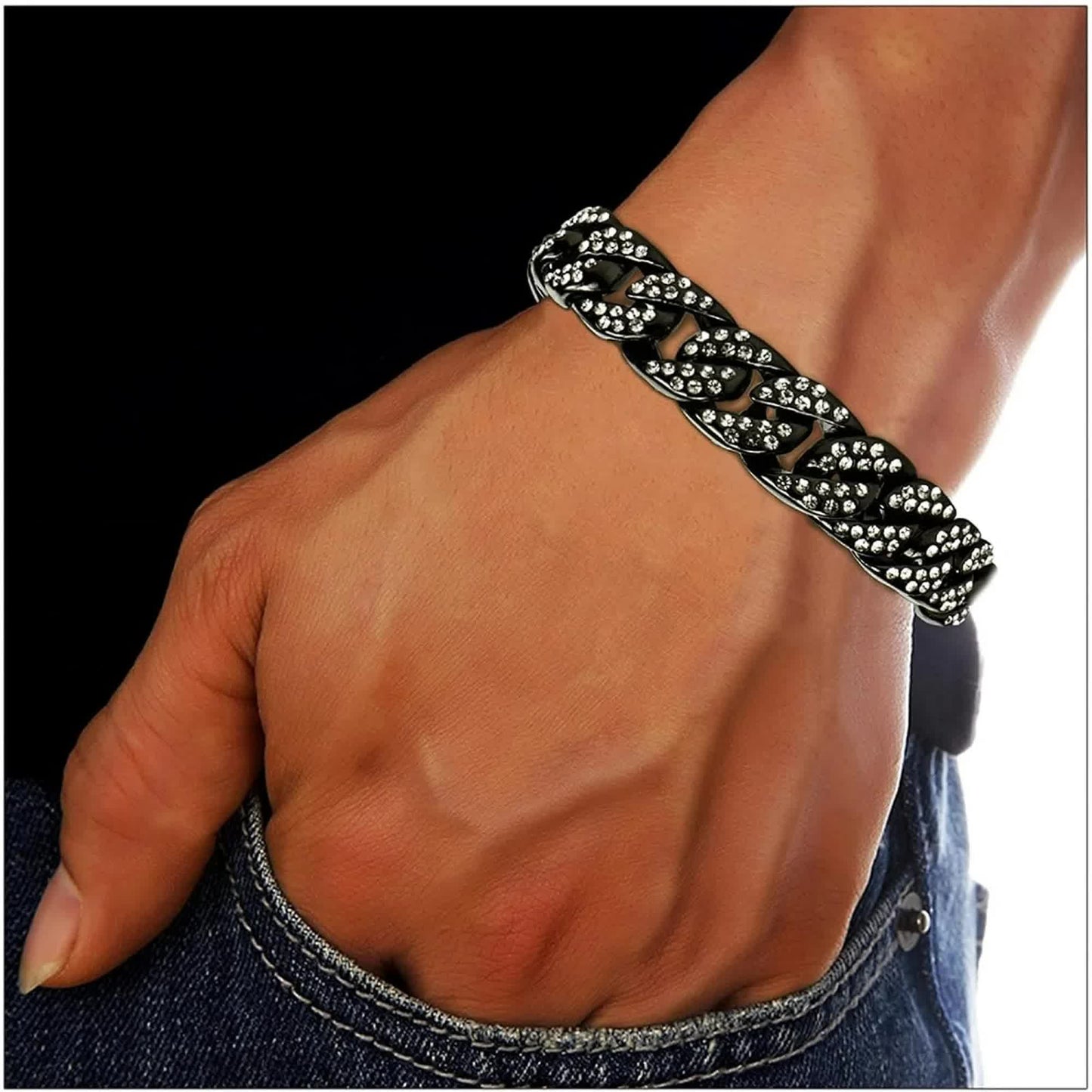Mens Womens Cuban Link Bracelet Hip Hop Bracelet Gold Chain Bracelet Iced Out Curb Cuban 18k Gold Plated Bracelet With Clear Rhinestones (A-T-Black-8.74in) Kemu |Fashion Home Kitchen Beauty