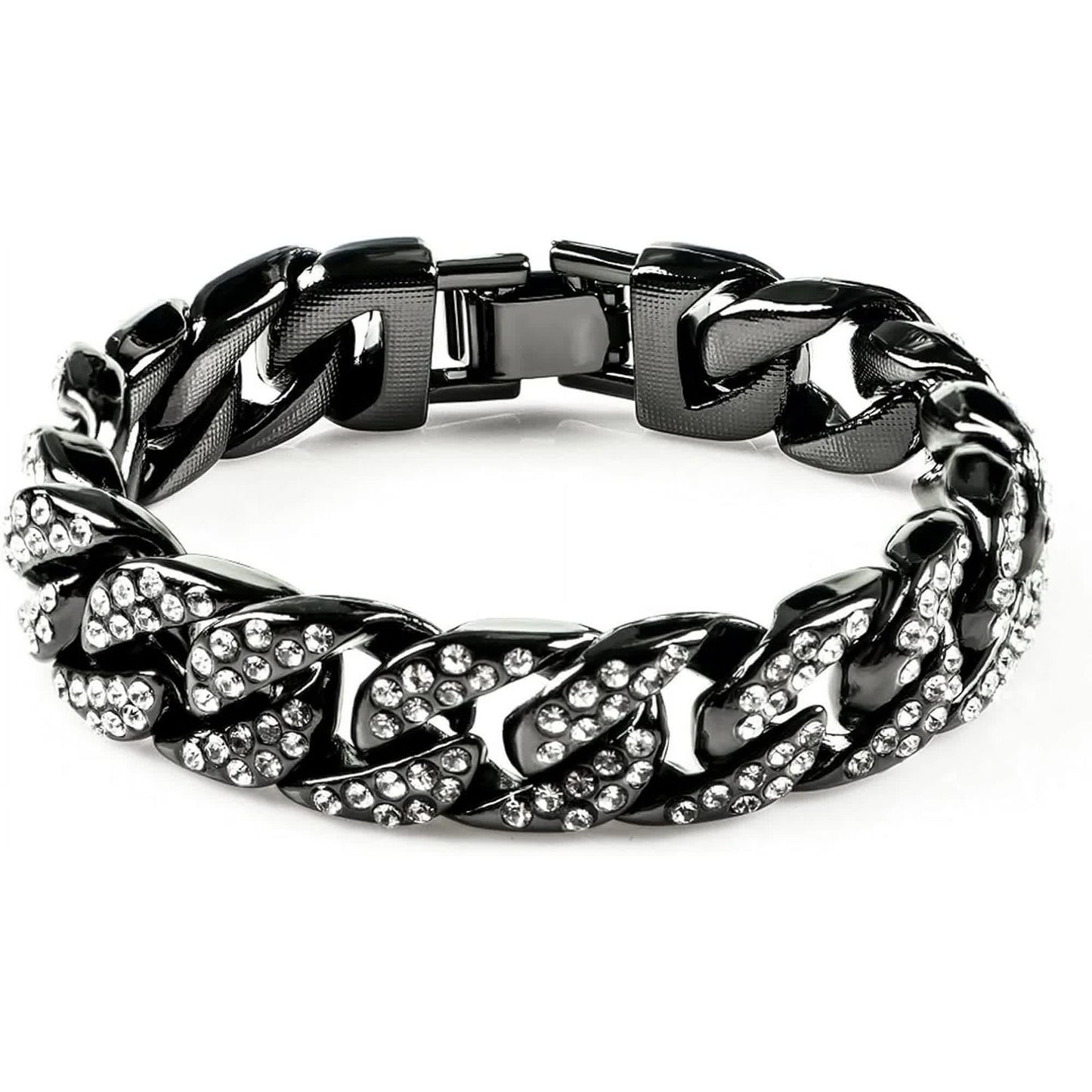 Mens Womens Cuban Link Bracelet Hip Hop Bracelet Gold Chain Bracelet Iced Out Curb Cuban 18k Gold Plated Bracelet With Clear Rhinestones (A-T-Black-8.74in) Kemu |Fashion Home Kitchen Beauty