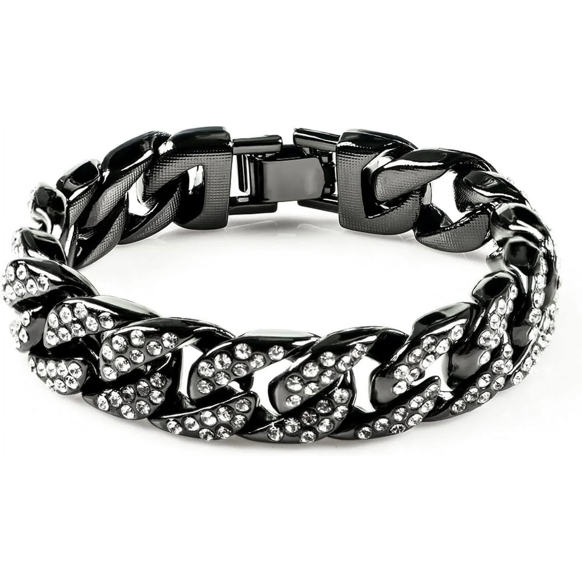 Mens Womens Cuban Link Bracelet Hip Hop Bracelet Gold Chain Bracelet Iced Out Curb Cuban 18k Gold Plated Bracelet With Clear Rhinestones (A-T-Black-8.74in) Kemu |Fashion Home Kitchen Beauty