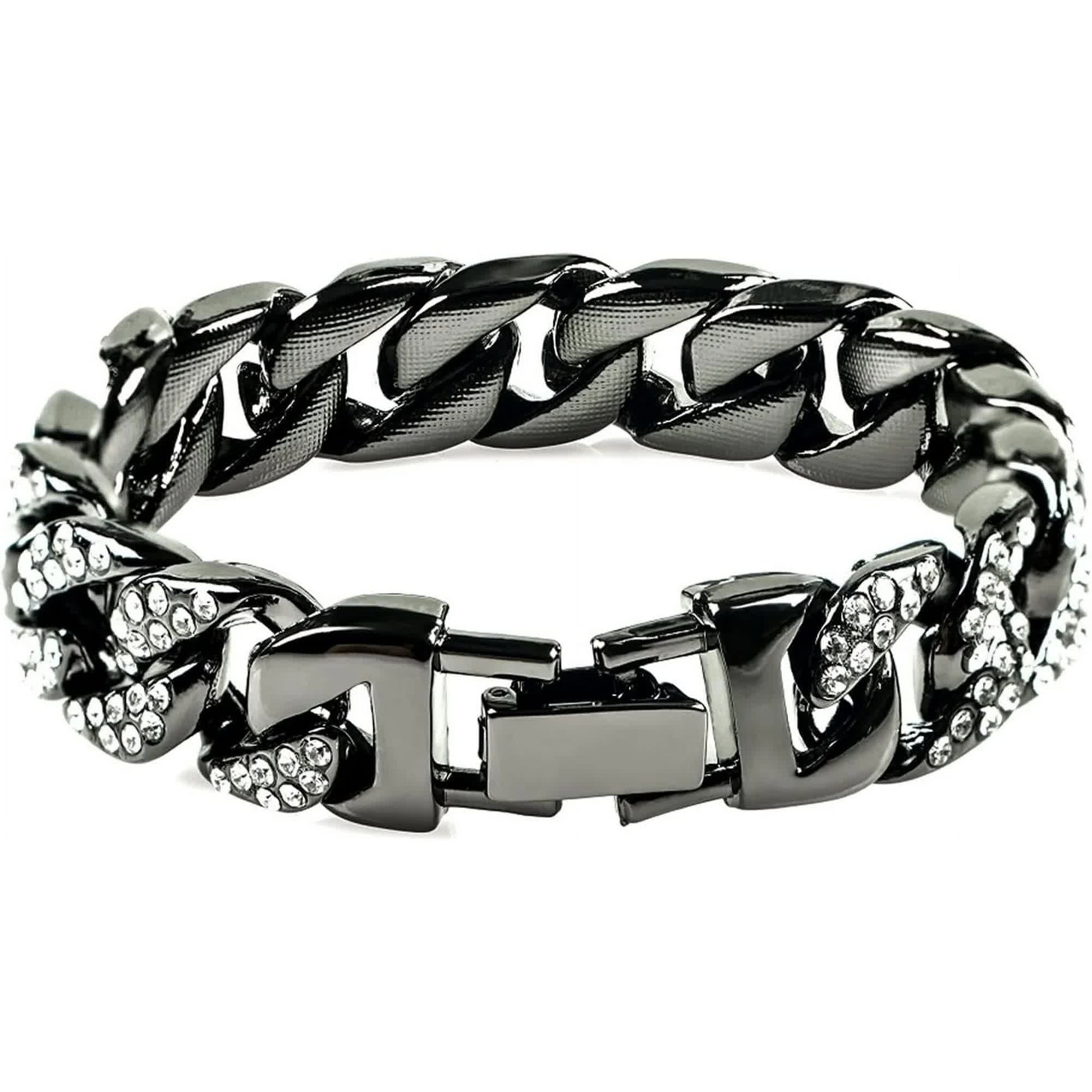 Mens Womens Cuban Link Bracelet Hip Hop Bracelet Gold Chain Bracelet Iced Out Curb Cuban 18k Gold Plated Bracelet With Clear Rhinestones (A-T-Black-8.74in) Kemu |Fashion Home Kitchen Beauty