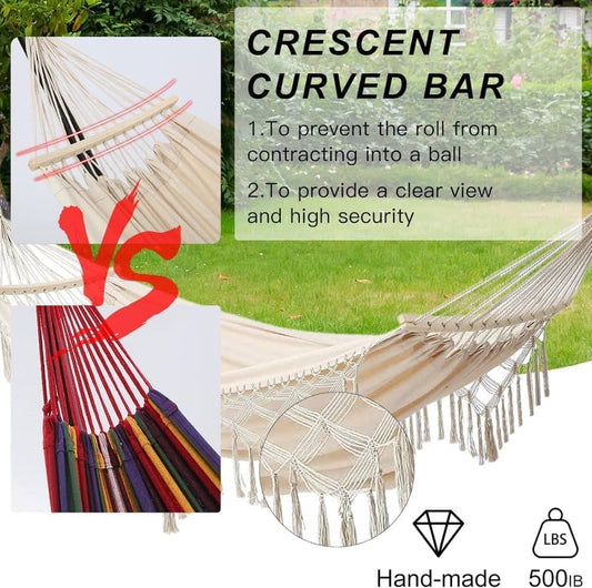 2-Person Bohemian Hammock with Fringes, 500 lbs Capacity, Cotton, Portable for Garden Patio Camping, Moon-Shaped Poles