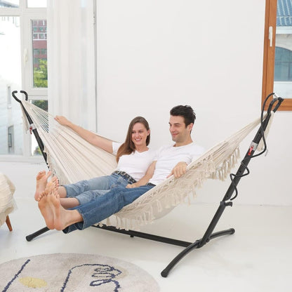 2-Person Bohemian Hammock with Fringes, 500 lbs Capacity, Cotton, Portable for Garden Patio Camping, Moon-Shaped Poles
