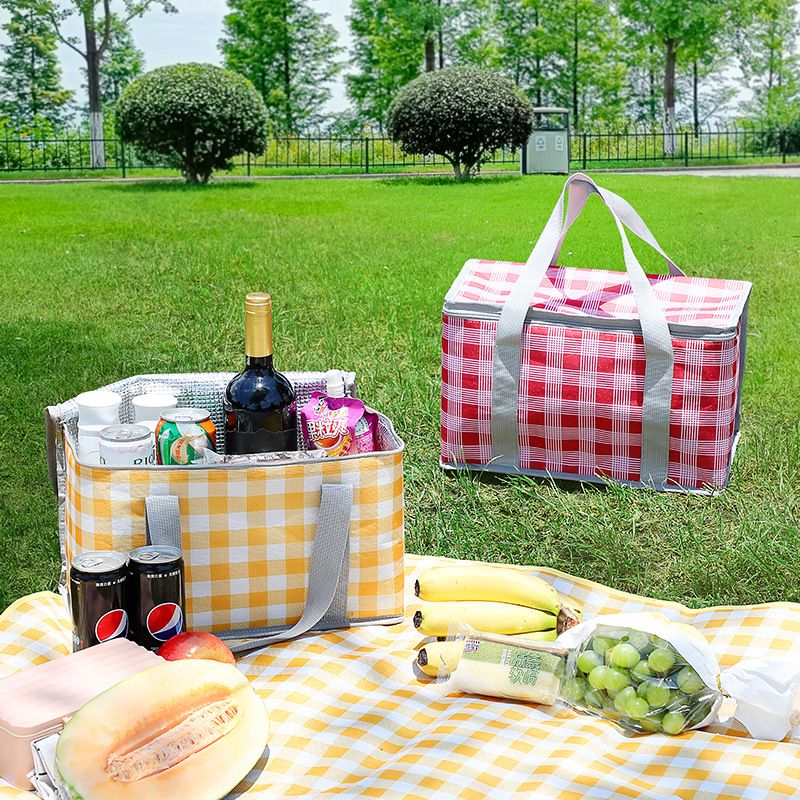 2 Pack Insulated Picnic Lunch Bags, Checkered Thermal Food Storage Totes, Yellow