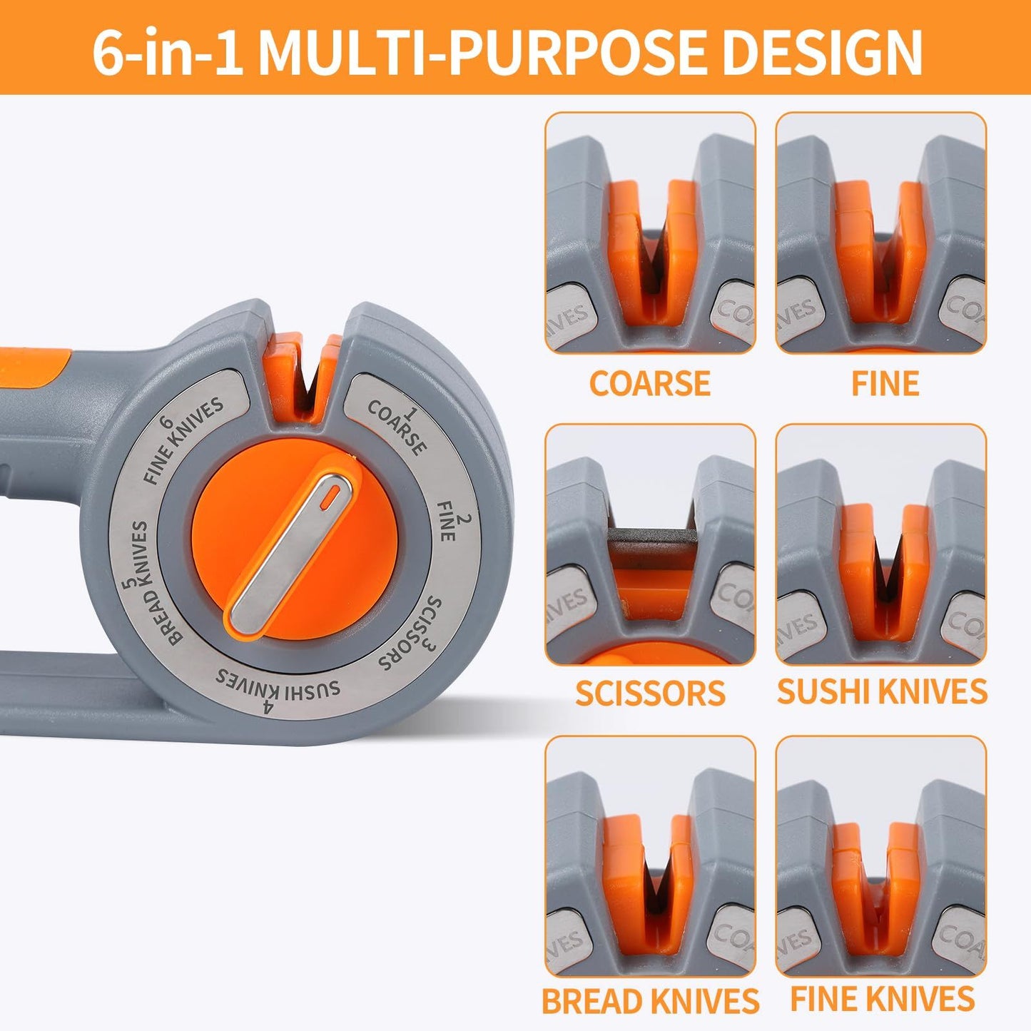 6-in-1 Rotary Knife Sharpener, Adjustable Multi-Function Sharpener for Kitchen Knives and Scissors, Gray