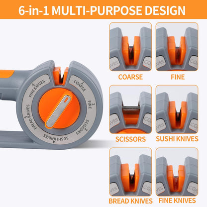 6-in-1 Rotary Knife Sharpener, Adjustable Multi-Function Sharpener for Kitchen Knives and Scissors, Gray Kemu |Fashion Home Kitchen Beauty