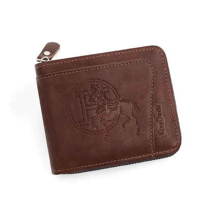 Men's Leather Wallet with Zipper and Horse Embossed Design, Multi-Card Bifold Wallet, Dark Brown Kemu |Fashion Home Kitchen Beauty