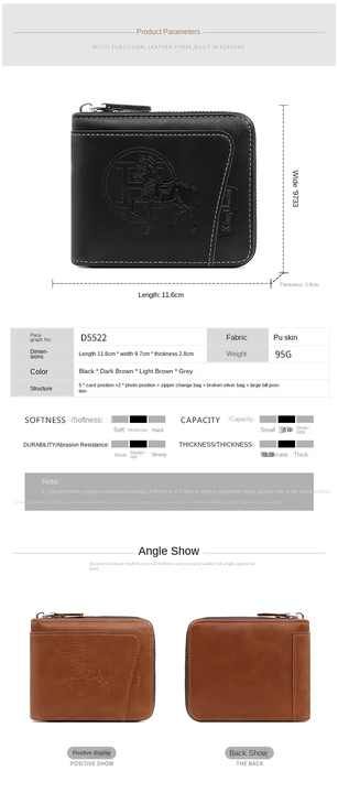 Men's Leather Wallet with Zipper and Horse Embossed Design, Multi-Card Bifold Wallet, Dark Brown Kemu |Fashion Home Kitchen Beauty