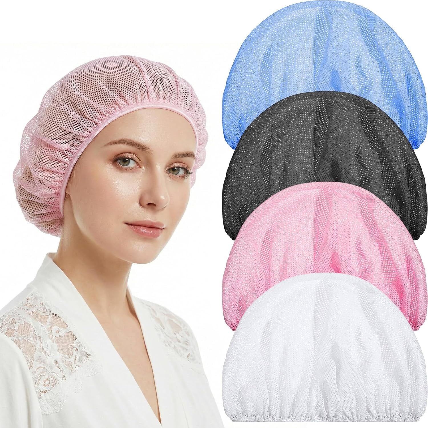 4 Pcs Mesh Sleep Bonnets for Women, Breathable Elastic Hair Nets, Pink Blue White Black Kemu |Fashion Home Kitchen Beauty