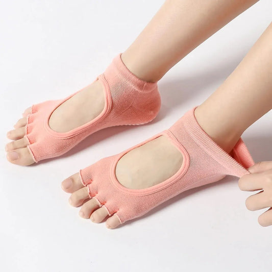 4 Pairs Women's Toeless Yoga Socks, Cotton Non Slip Grip 5 Toe Socks for Pilates Barre, One Size Kemu |Fashion Home Kitchen Beauty