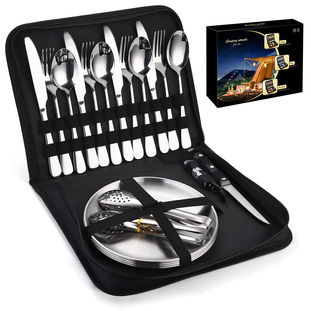 20Pcs Portable Camping Cutlery Set, Stainless Steel Picnic Utensils with Plates and Bottle Opener, Portable Cooking Utensils for 2, for Camping, Picnic, Outdoor Hiking Kemu |Fashion Home Kitchen Beauty