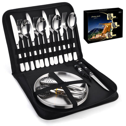 20Pcs Portable Camping Cutlery Set, Stainless Steel Picnic Utensils with Plates and Bottle Opener, Portable Cooking Utensils for 2, for Camping, Picnic, Outdoor Hiking Kemu |Fashion Home Kitchen Beauty