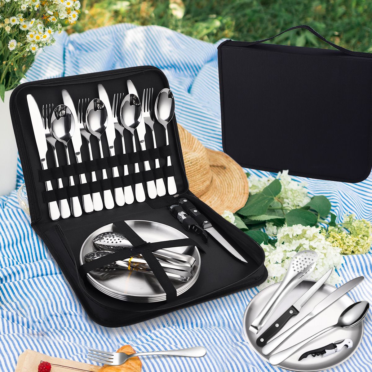 20Pcs Portable Camping Cutlery Set, Stainless Steel Picnic Utensils with Plates and Bottle Opener, Portable Cooking Utensils for 2, for Camping, Picnic, Outdoor Hiking Kemu |Fashion Home Kitchen Beauty