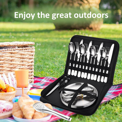 20Pcs Portable Camping Cutlery Set, Stainless Steel Picnic Utensils with Plates and Bottle Opener, Portable Cooking Utensils for 2, for Camping, Picnic, Outdoor Hiking Kemu |Fashion Home Kitchen Beauty