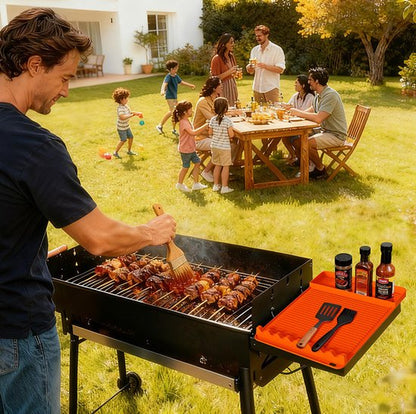 Silicone BBQ Grill Mat - 8-Slot Mat with Drip Tray - Heat-Resistant and Dishwasher-Safe - 40x27 cm - Black Kemu |Fashion Home Kitchen Beauty