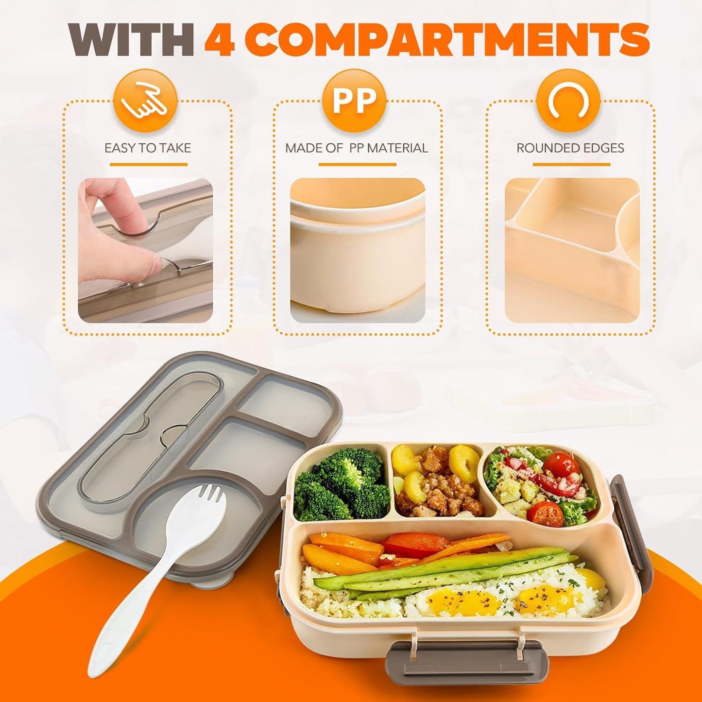 4 Compartment Bento Lunch Box, BPA Free Dishwasher Safe Food Container for Work, School, Picnics and Meal Prep, Khaki Kemu |Fashion Home Kitchen Beauty