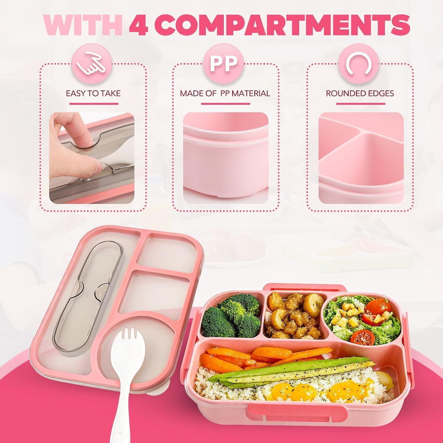 4 Compartment Bento Lunch Box, BPA Free Dishwasher Safe Food Container for Work, School, Picnics and Meal Prep, Pink Kemu |Fashion Home Kitchen Beauty