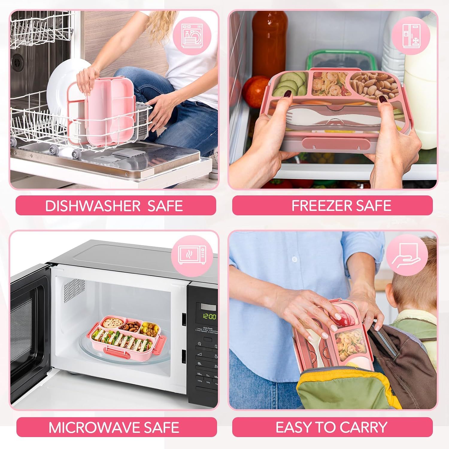 4 Compartment Bento Lunch Box, BPA Free Dishwasher Safe Food Container for Work, School, Picnics and Meal Prep, Pink Kemu |Fashion Home Kitchen Beauty