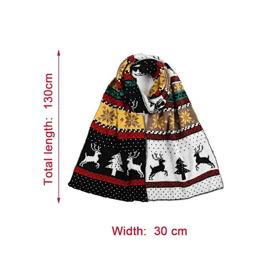 Black Winter Christmas Moose Pattern Knitted Long Thick Scarf with Snow Geometric Design, Reversible Warm Fair Isle Shawl for Men and Women