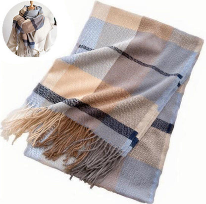 Winter Scarf, Women's Large Plaid Shawl Wrap with Tassel Fringe, Soft Thick Neck Warmer for Cold Weather Outfits, 208 x 70 cm, Blue and Brown Kemu |Fashion Home Kitchen Beauty