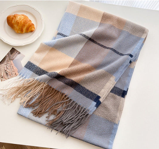 Winter Scarf, Women's Large Plaid Shawl Wrap with Tassel Fringe, Soft Thick Neck Warmer for Cold Weather Outfits, 208 x 70 cm, Blue and Brown Kemu |Fashion Home Kitchen Beauty