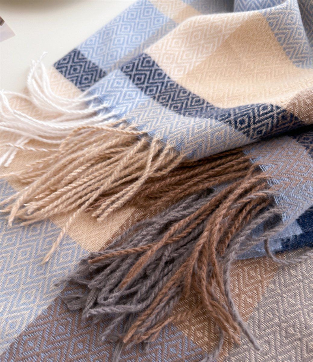 Winter Scarf, Women's Large Plaid Shawl Wrap with Tassel Fringe, Soft Thick Neck Warmer for Cold Weather Outfits, 208 x 70 cm, Blue and Brown Kemu |Fashion Home Kitchen Beauty