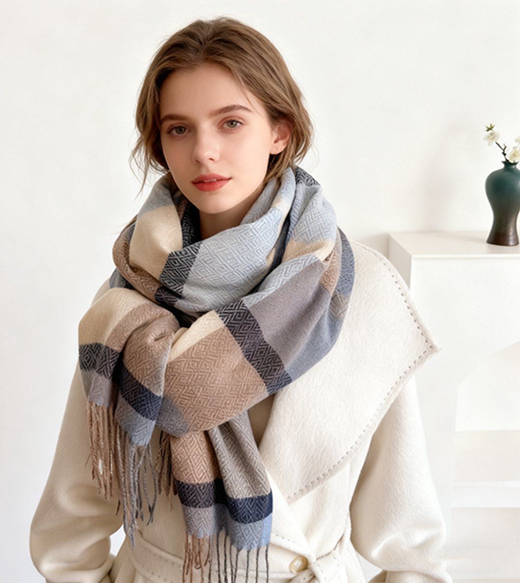 Winter Scarf, Women's Large Plaid Shawl Wrap with Tassel Fringe, Soft Thick Neck Warmer for Cold Weather Outfits, 208 x 70 cm, Blue and Brown Kemu |Fashion Home Kitchen Beauty