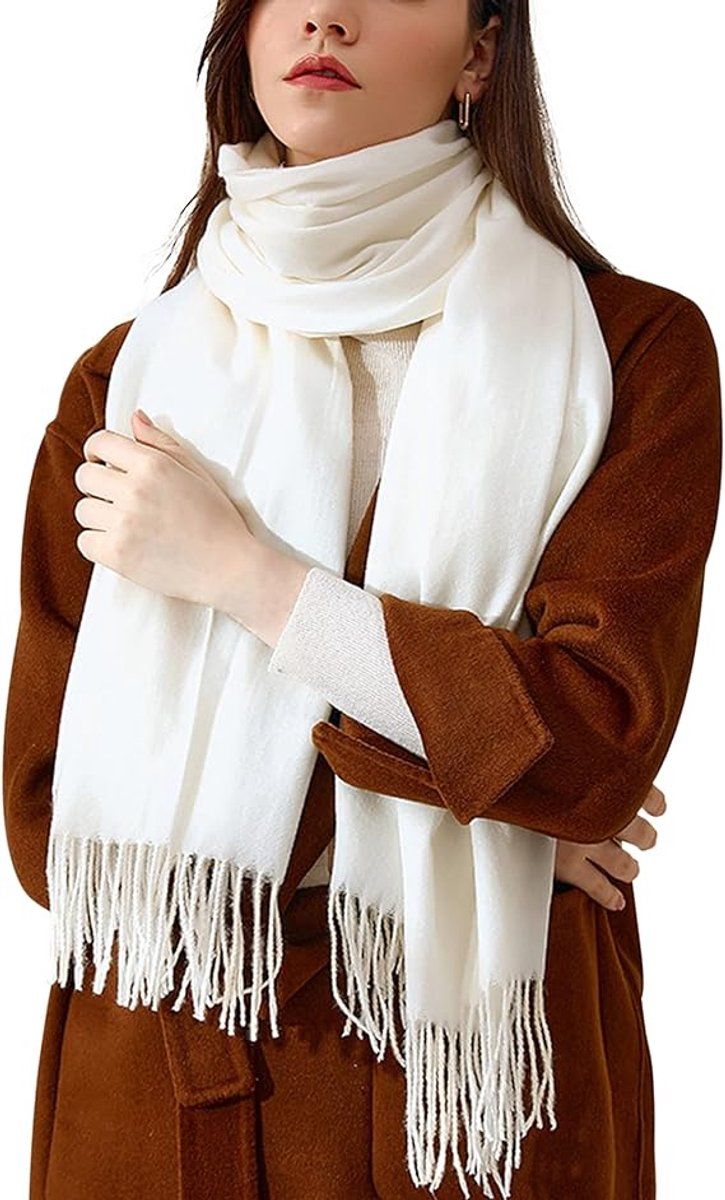 Women's Woven Winter Scarf, Large Tassel Shawl Wrap, Soft Warm Neck Warmer for Cold Weather Outfits, 70x200 cm, White Kemu |Fashion Home Kitchen Beauty