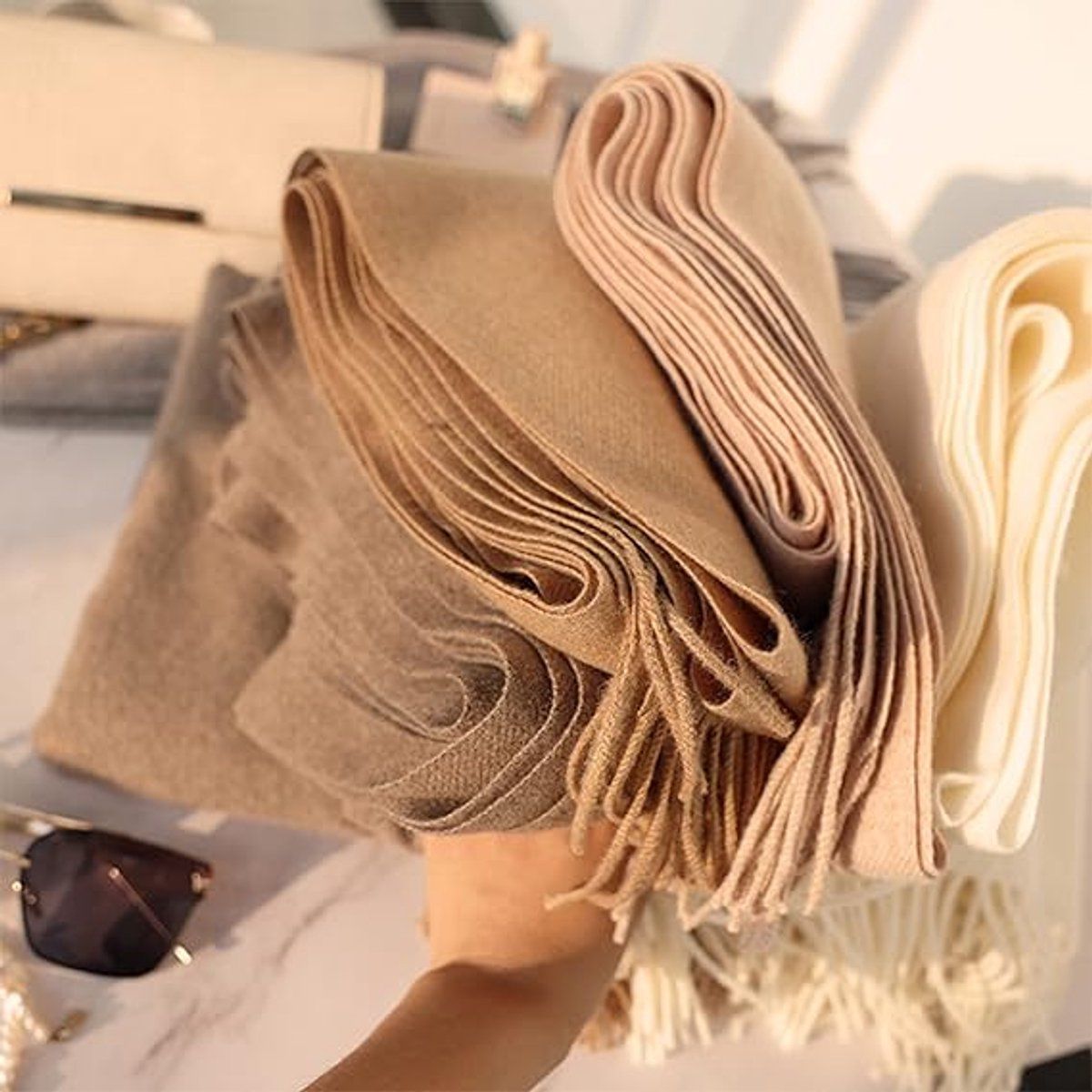 Women's Woven Winter Scarf, Large Tassel Shawl Wrap, Soft Warm Neck Warmer for Cold Weather Outfits, 70x200 cm, White Kemu |Fashion Home Kitchen Beauty