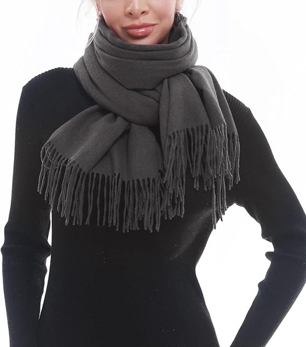 Women's Woven Winter Scarf, Large Tassel Shawl Wrap, Soft Warm Neck Warmer for Cold Weather Outfits, 70x200 cm, Dark Grey Kemu |Fashion Home Kitchen Beauty