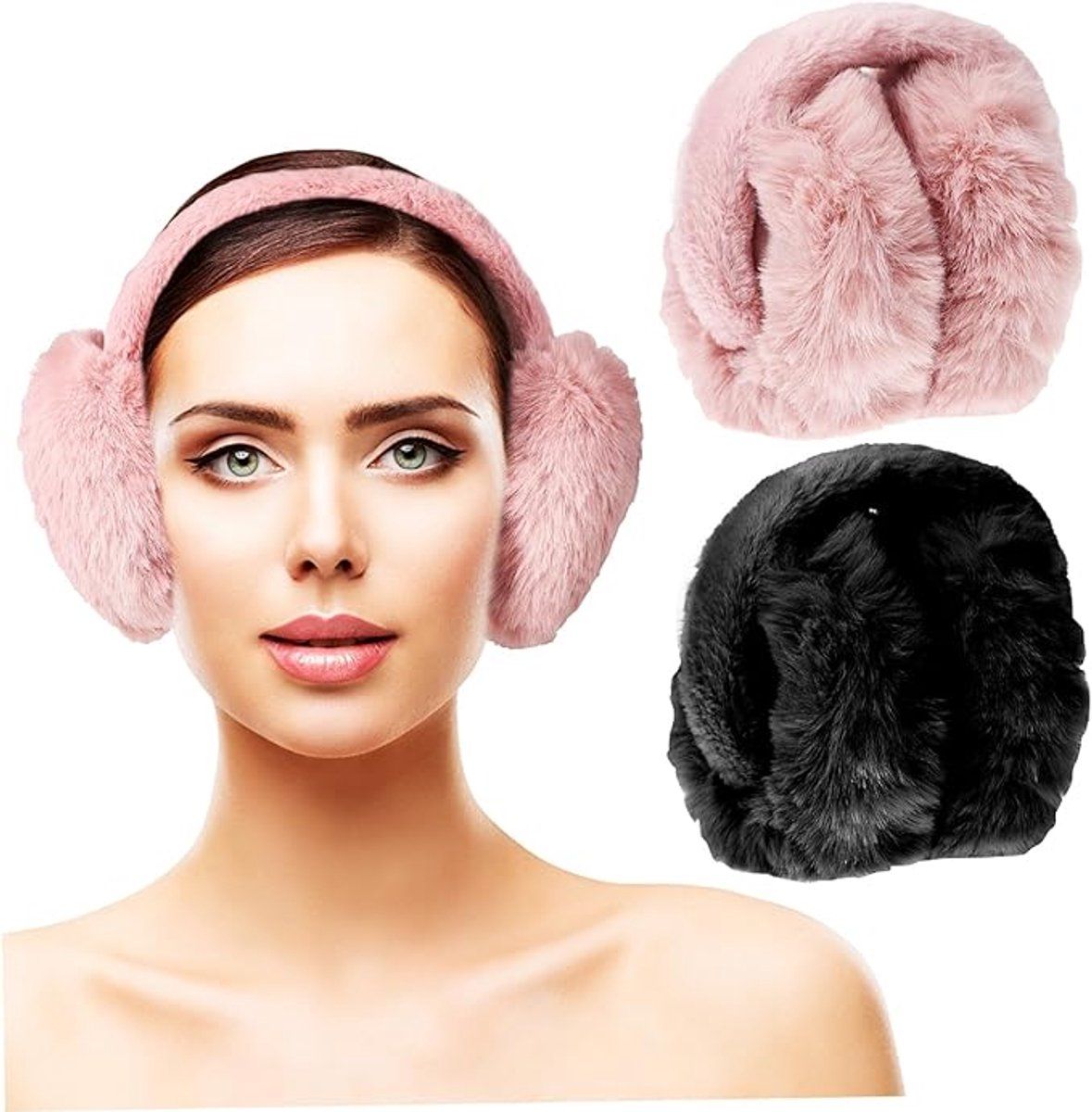 2 Pack, Plush Winter Earmuffs for Women, Foldable Faux Fur Ear Warmers for Cold Weather Travel and Outdoor Wear, Black and Pink Kemu |Fashion Home Kitchen Beauty