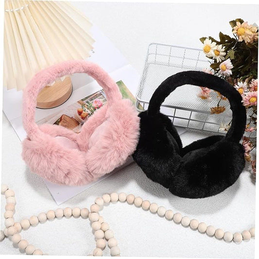 2 Pack, Plush Winter Earmuffs for Women, Foldable Faux Fur Ear Warmers for Cold Weather Travel and Outdoor Wear, Black and Pink Kemu |Fashion Home Kitchen Beauty