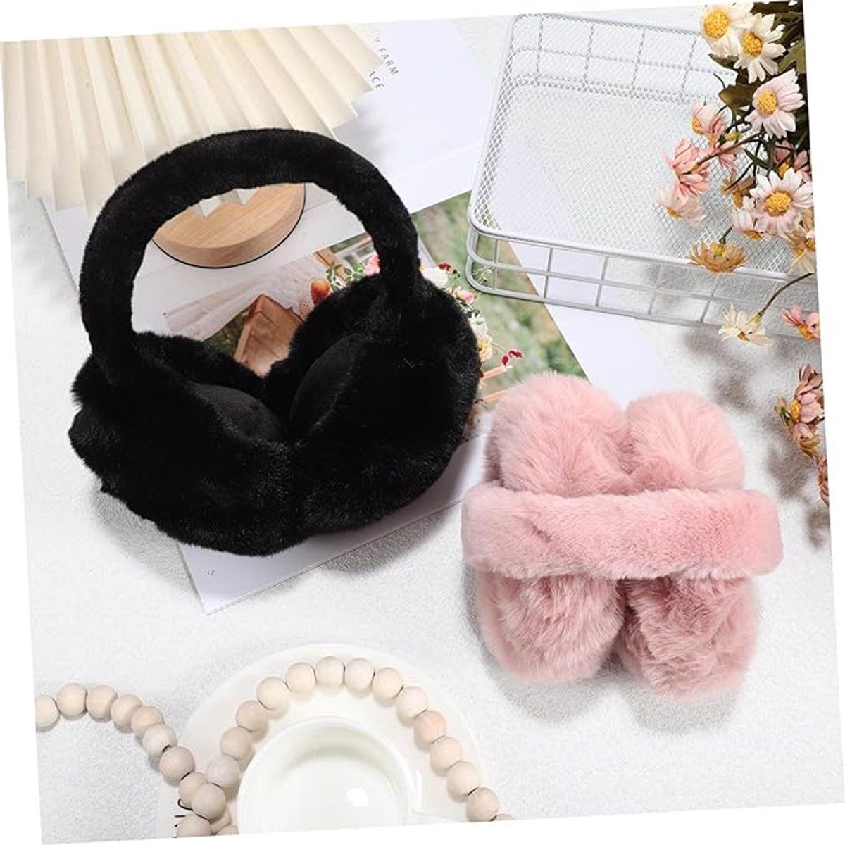 2 Pack, Plush Winter Earmuffs for Women, Foldable Faux Fur Ear Warmers for Cold Weather Travel and Outdoor Wear, Black and Pink Kemu |Fashion Home Kitchen Beauty
