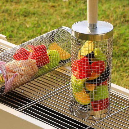 304 Stainless Steel Rolling Grill Basket Set with Removable Handle for Vegetables, Shrimp and Outdoor BBQ, Nesting Design, Silver Kemu |Fashion Home Kitchen Beauty