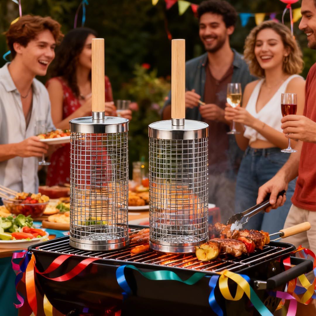 304 Stainless Steel Rolling Grill Basket Set with Removable Handle for Vegetables, Shrimp and Outdoor BBQ, Nesting Design, Silver Kemu |Fashion Home Kitchen Beauty
