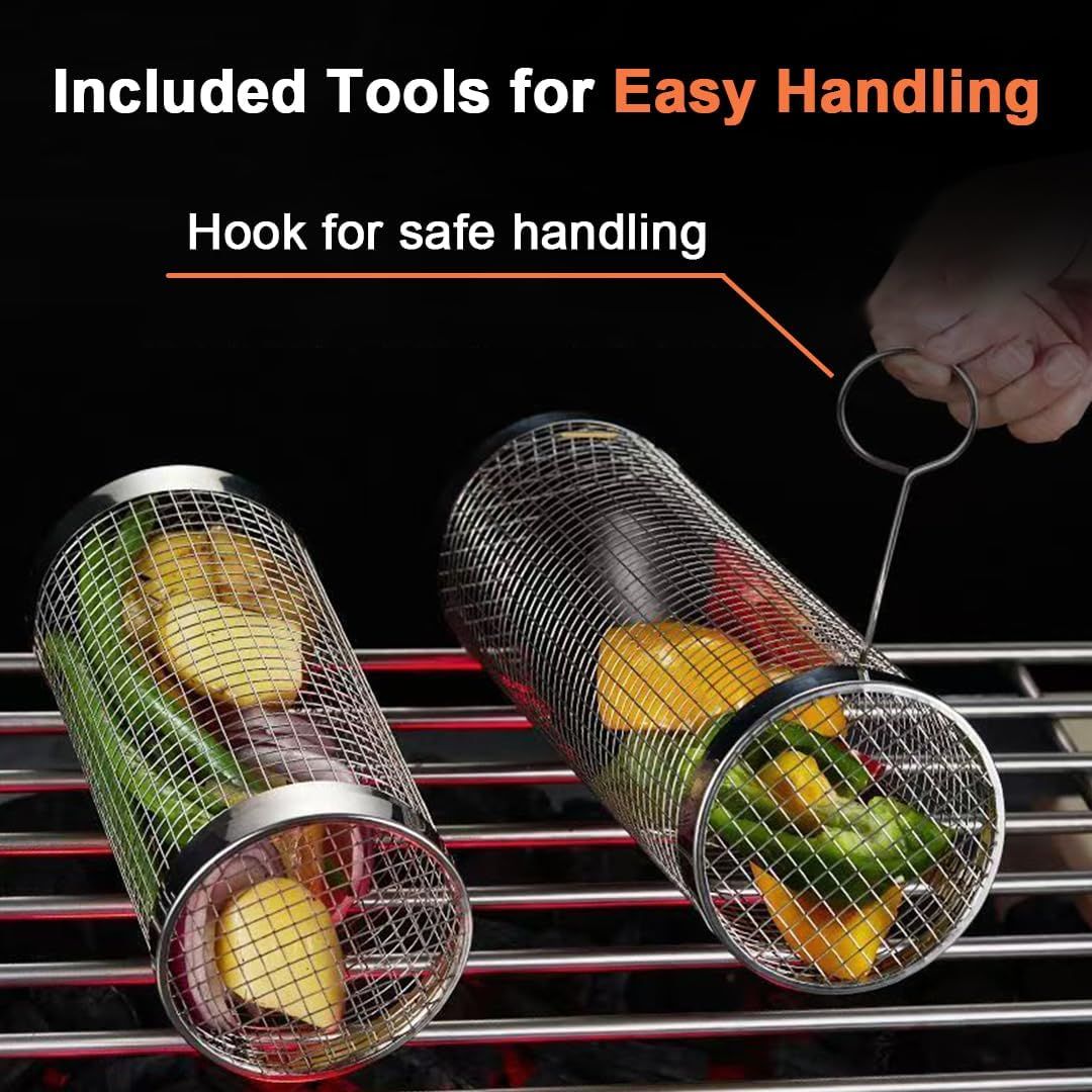 304 Stainless Steel Rolling Grill Basket Set with Removable Handle for Vegetables, Shrimp and Outdoor BBQ, Nesting Design, Silver Kemu |Fashion Home Kitchen Beauty