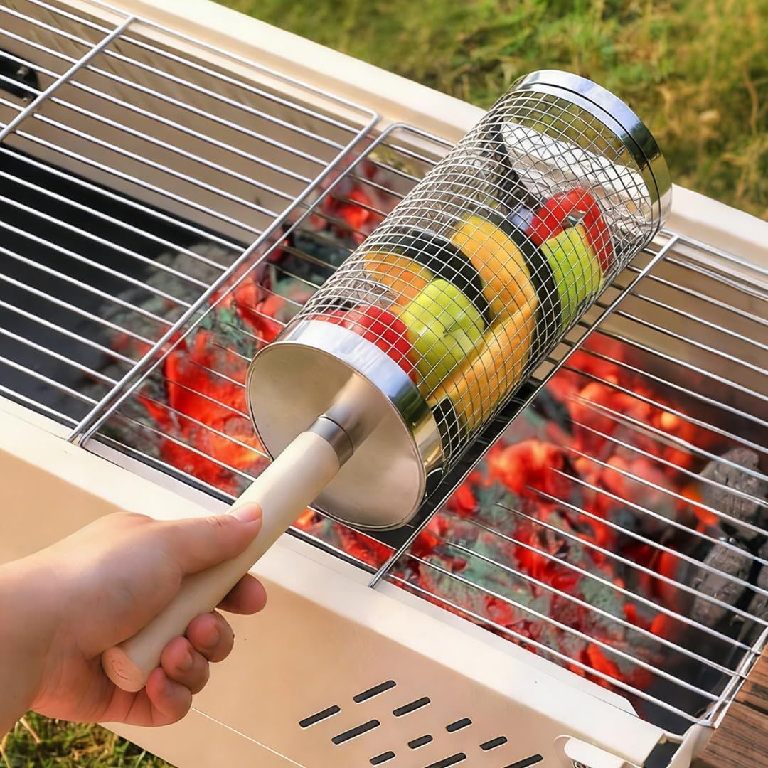 304 Stainless Steel Rolling Grill Basket Set with Removable Handle for Vegetables, Shrimp and Outdoor BBQ, Nesting Design, Silver Kemu |Fashion Home Kitchen Beauty
