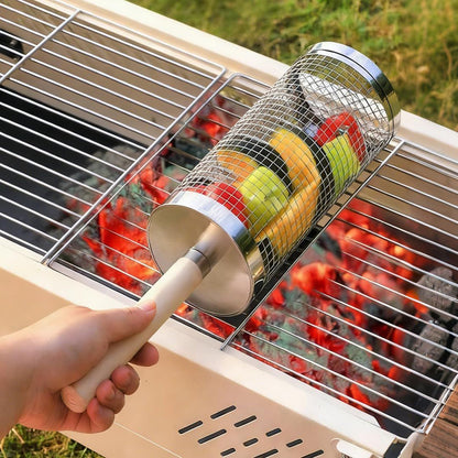 304 Stainless Steel Rolling Grill Basket Set with Removable Handle for Vegetables, Shrimp and Outdoor BBQ, Nesting Design, Silver Kemu |Fashion Home Kitchen Beauty