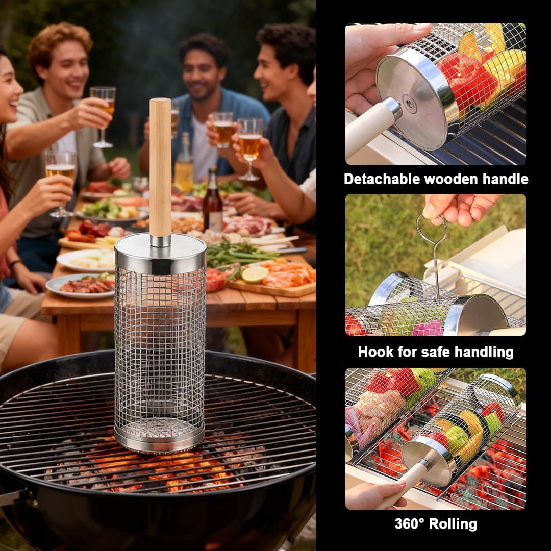 304 Stainless Steel Rolling Grill Basket Set with Removable Handle for Vegetables, Shrimp and Outdoor BBQ, Nesting Design, Silver Kemu |Fashion Home Kitchen Beauty