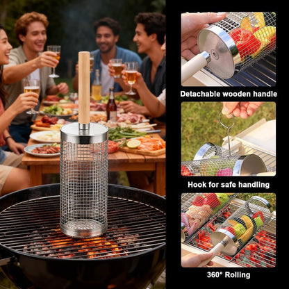 304 Stainless Steel Rolling Grill Basket Set with Removable Handle for Vegetables, Shrimp and Outdoor BBQ, Nesting Design, Silver Kemu |Fashion Home Kitchen Beauty