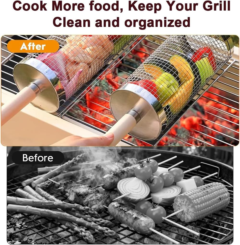 304 Stainless Steel Rolling Grill Basket Set with Removable Handle for Vegetables, Shrimp and Outdoor BBQ, Nesting Design, Silver Kemu |Fashion Home Kitchen Beauty