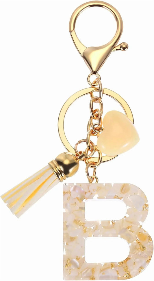 Initial B Keychain with Tassel and Bead Charm for Bag Purse Backpack Keys, Gold Tone Beige, Daily Comfort Use, for Men Women and Everyday Wear Kemu |Fashion Home Kitchen Beauty