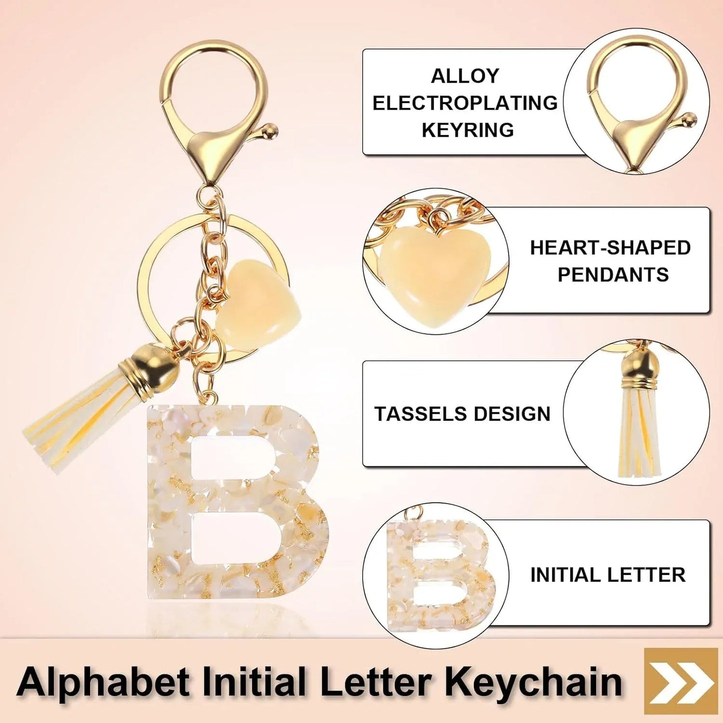 Initial B Keychain with Tassel and Bead Charm for Bag Purse Backpack Keys, Gold Tone Beige, Daily Comfort Use, for Men Women and Everyday Wear Kemu |Fashion Home Kitchen Beauty
