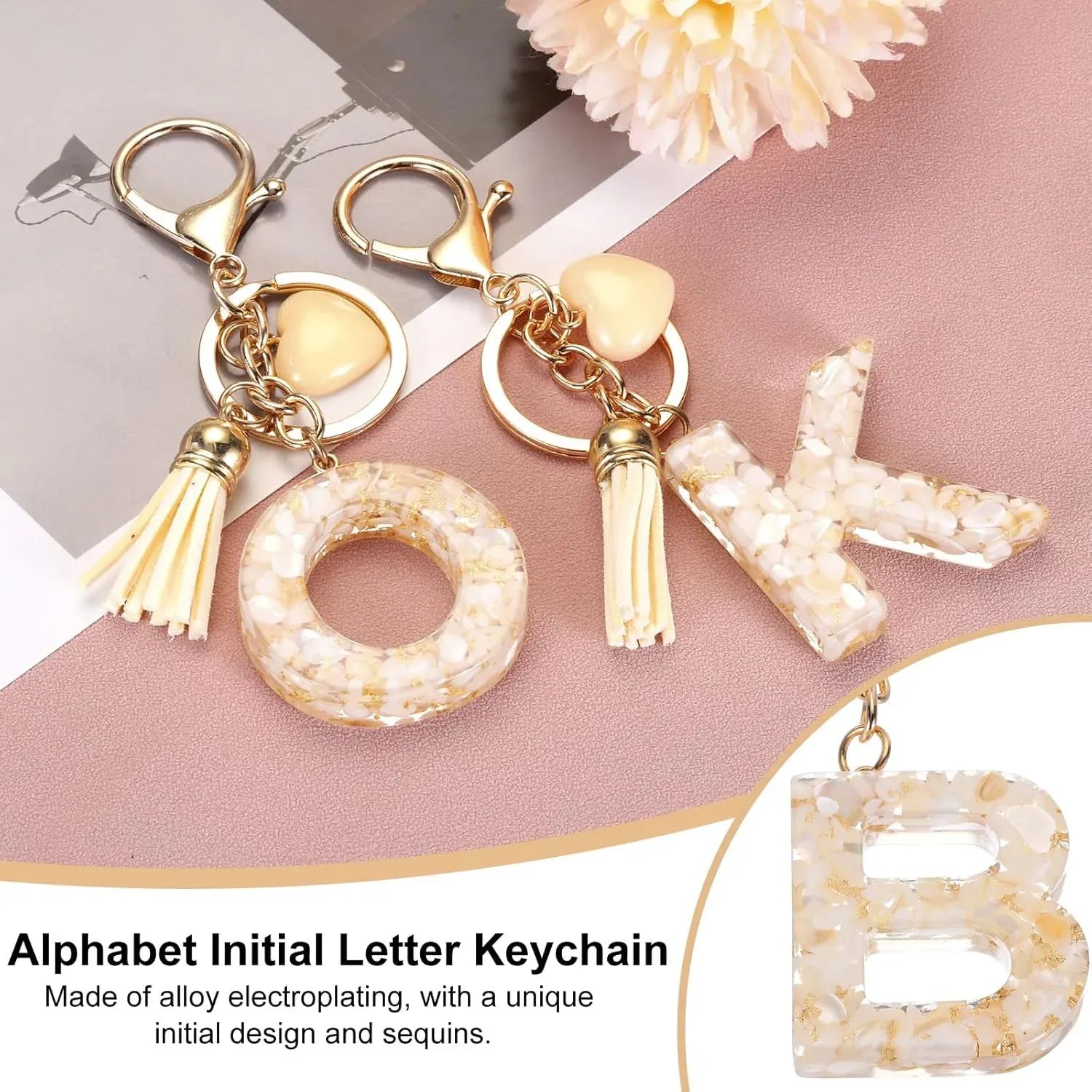 Initial B Keychain with Tassel and Bead Charm for Bag Purse Backpack Keys, Gold Tone Beige, Daily Comfort Use, for Men Women and Everyday Wear Kemu |Fashion Home Kitchen Beauty