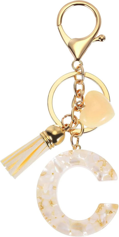 Initial Letter Keychain with Tassel and Lobster Clasp for Bag Purse Keys, Cream Gold C, Letter C Option, Daily Comfort Use Kemu |Fashion Home Kitchen Beauty