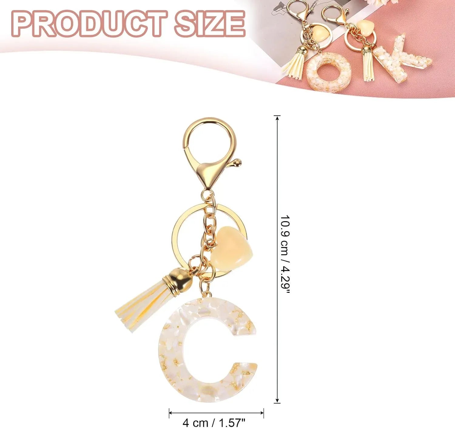 Initial Letter Keychain with Tassel and Lobster Clasp for Bag Purse Keys, Cream Gold C, Letter C Option, Daily Comfort Use Kemu |Fashion Home Kitchen Beauty
