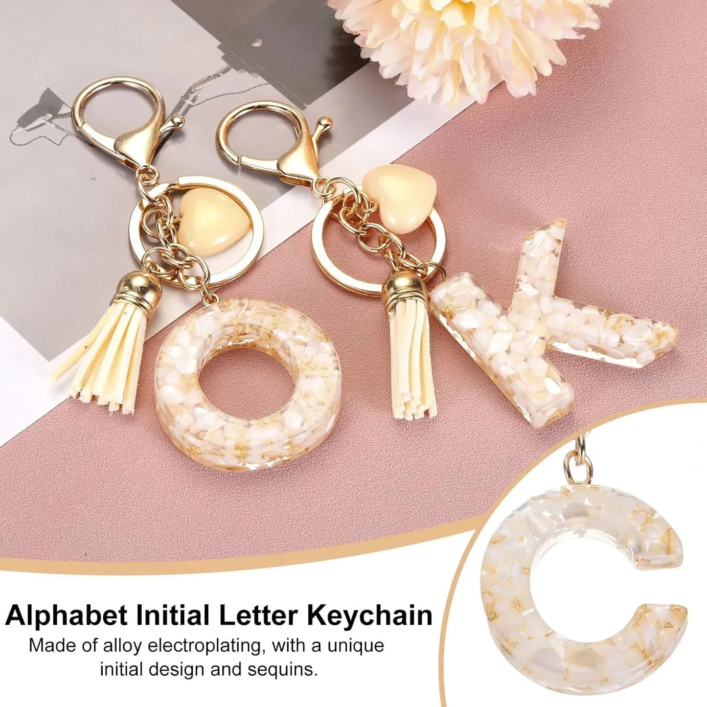 Initial Letter Keychain with Tassel and Lobster Clasp for Bag Purse Keys, Cream Gold C, Letter C Option, Daily Comfort Use Kemu |Fashion Home Kitchen Beauty